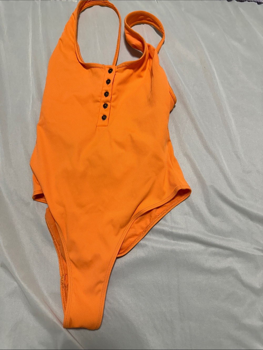 Zara Orange Ribbed One-Piece Swimsuit with Front Buttons